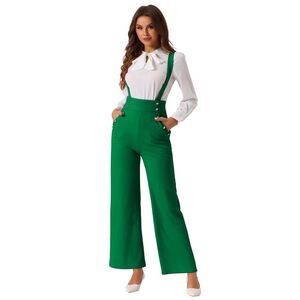 Overall Adjustable Straps Wide Leg Suspenders Jumpsuits Dark Green